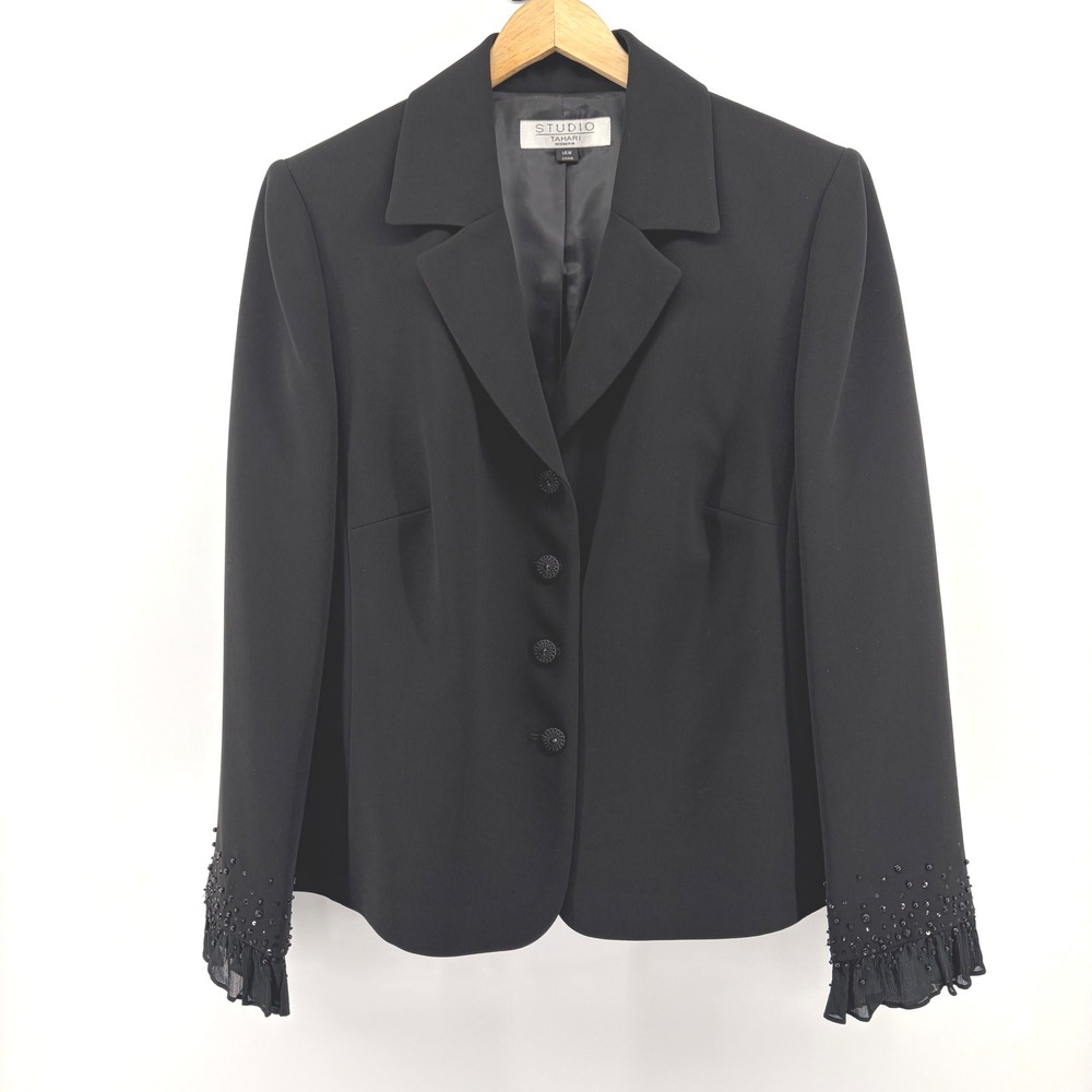 Studio Tahari Woman SILK Black Beaded Ruffle Cuff Blazer Jacket Plus Size 14W‎